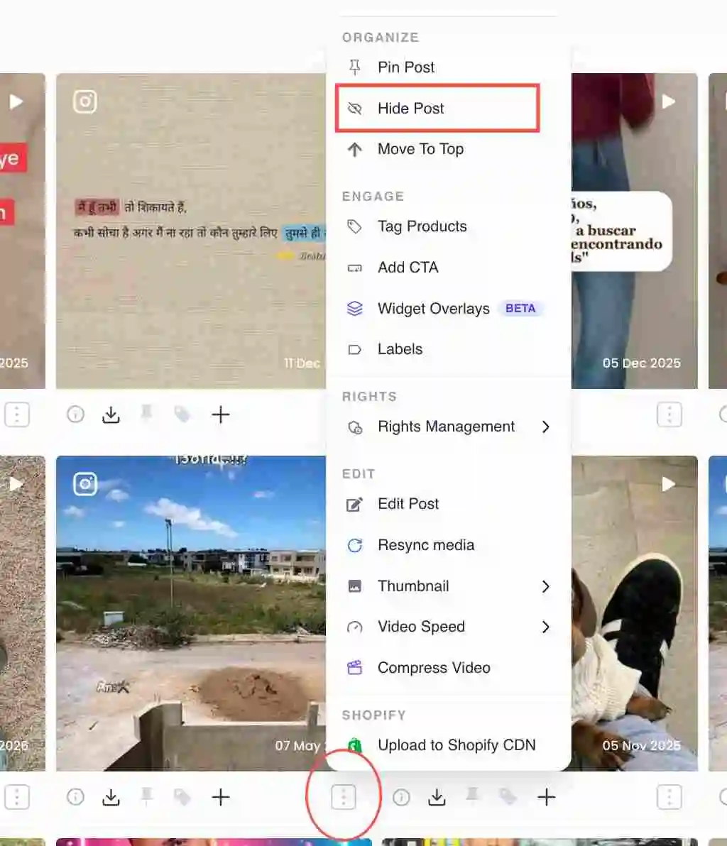 Hide Post option under the Organize section