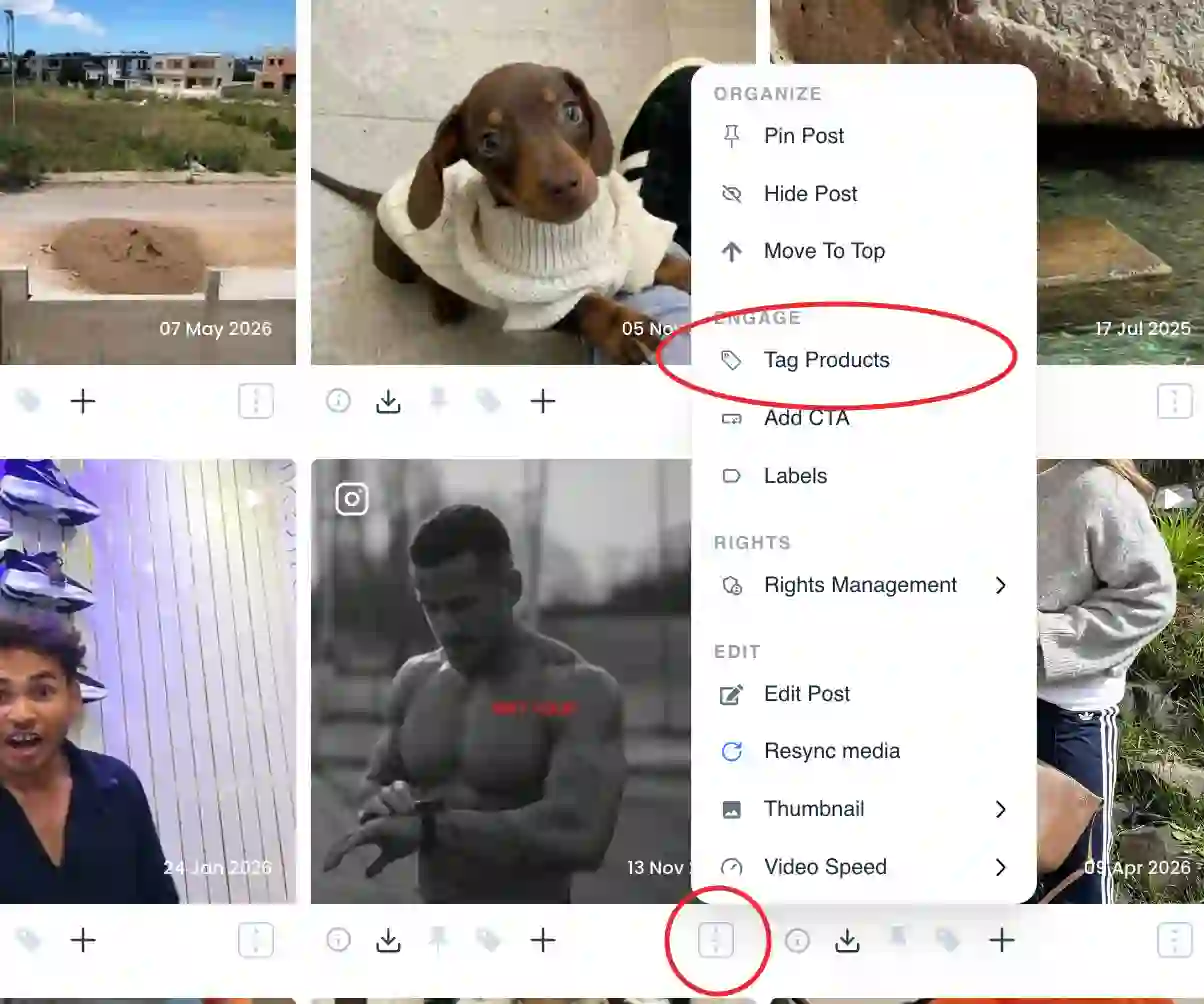 Tag Products option under the Engage section of the post menu